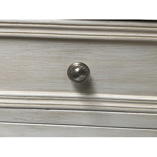 395 - BEDSIDE CHESTS, a pair, French style, traditionally grey painted and pierced, each with drawer and d... 