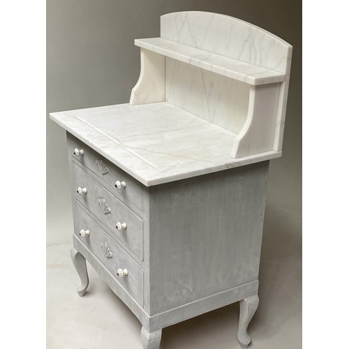 397 - GUSTAVIAN COMMODE, late 19th century Swedish, traditionally grey painted, with shelved marble top ab... 