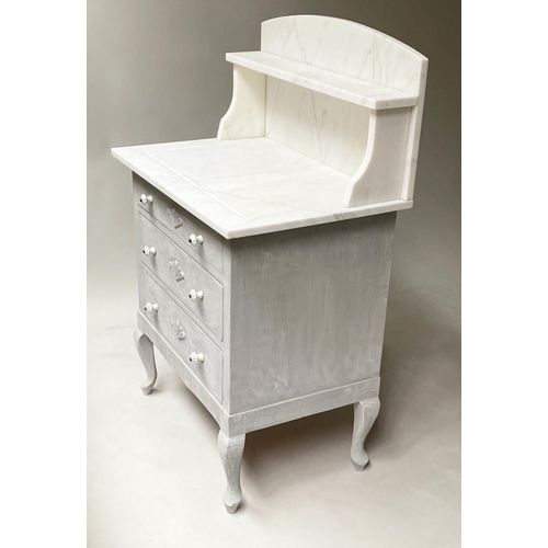 397 - GUSTAVIAN COMMODE, late 19th century Swedish, traditionally grey painted, with shelved marble top ab... 