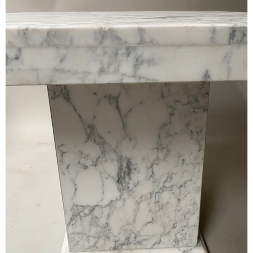 399 - LOW TABLE, square variegated veined white marble on plinth base, 70cm W x 70cm D x 55cm H.