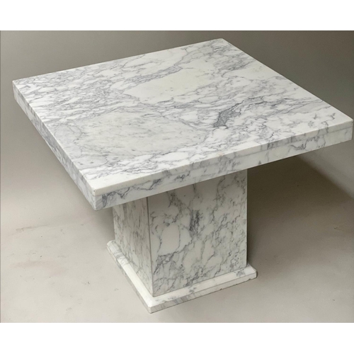 399 - LOW TABLE, square variegated veined white marble on plinth base, 70cm W x 70cm D x 55cm H.