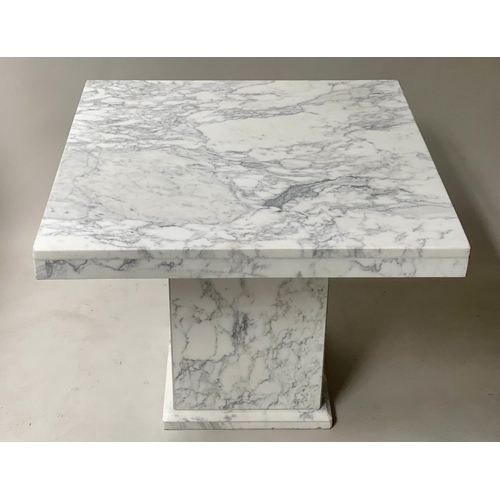 399 - LOW TABLE, square variegated veined white marble on plinth base, 70cm W x 70cm D x 55cm H.