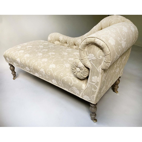 400 - CHAISE, traditional style, scroll end and buttoned parchment weave upholstery, 140cm W.