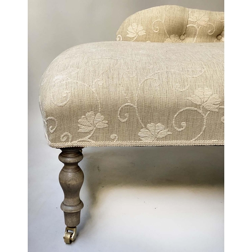 400 - CHAISE, traditional style, scroll end and buttoned parchment weave upholstery, 140cm W.