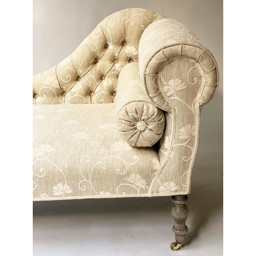 400 - CHAISE, traditional style, scroll end and buttoned parchment weave upholstery, 140cm W.