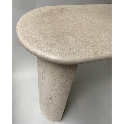 401 - TRAVERTINE CONSOLE, rounded rectangular moulded on conforming solid supports. 120cm W x 38cm D x 73c... 