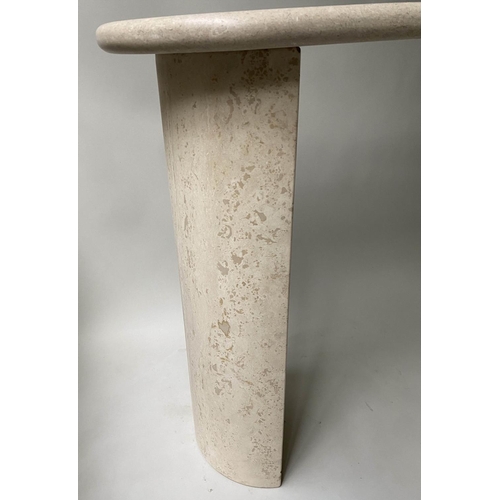 401 - TRAVERTINE CONSOLE, rounded rectangular moulded on conforming solid supports. 120cm W x 38cm D x 73c... 