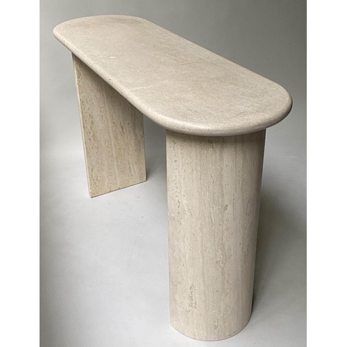 401 - TRAVERTINE CONSOLE, rounded rectangular moulded on conforming solid supports. 120cm W x 38cm D x 73c... 