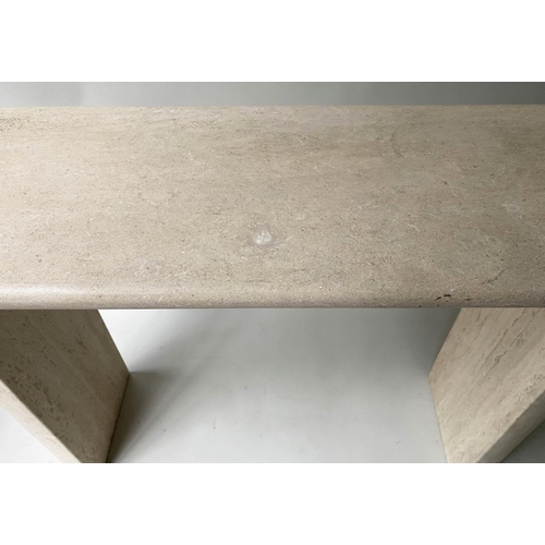 401 - TRAVERTINE CONSOLE, rounded rectangular moulded on conforming solid supports. 120cm W x 38cm D x 73c... 