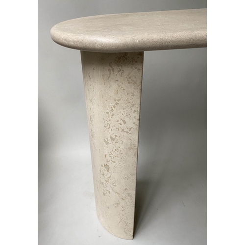 401 - TRAVERTINE CONSOLE, rounded rectangular moulded on conforming solid supports. 120cm W x 38cm D x 73c... 