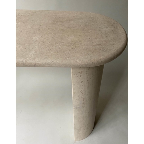 401 - TRAVERTINE CONSOLE, rounded rectangular moulded on conforming solid supports. 120cm W x 38cm D x 73c... 