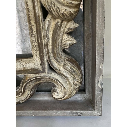 406 - WALL MIRROR, Italian style, crested moulded frame, in a distressed grey painted case with mirrored b... 