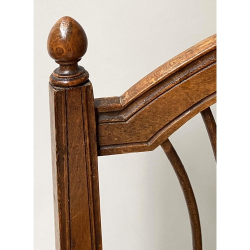 412 - HALL BENCH, late 19th century walnut, with twin arched spindle back and rush seat, probably American... 