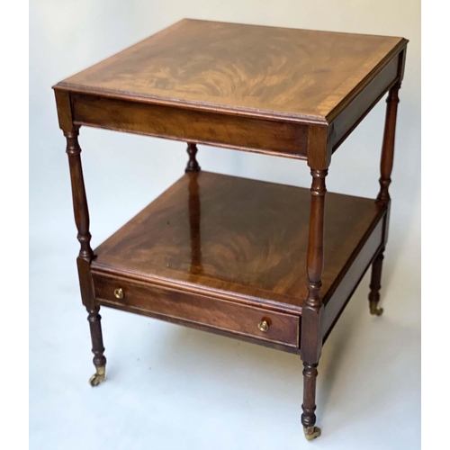 413 - LAMP TABLES, a pair, George III style, flame mahogany, each with drawer and undertier, 46cm W x 46cm... 