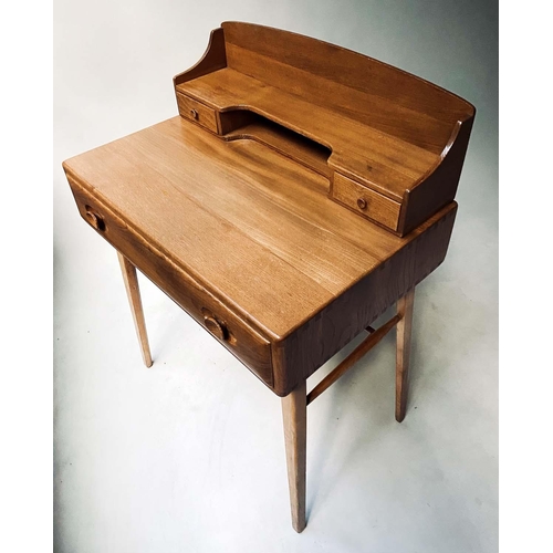 416 - ERCOL WRITING TABLE, 1970's solid elm with gallery and frieze drawer, 69cm x 46cm x 95cm H.