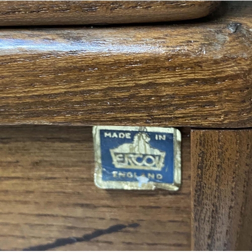 416 - ERCOL WRITING TABLE, 1970's solid elm with gallery and frieze drawer, 69cm x 46cm x 95cm H.