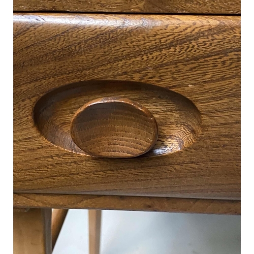 416 - ERCOL WRITING TABLE, 1970's solid elm with gallery and frieze drawer, 69cm x 46cm x 95cm H.