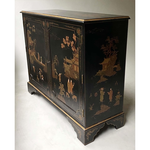 418 - CHINOISERIE CABINET, George III style, black lacquered and gilt chinoiserie with two doors, 110cm x ... 