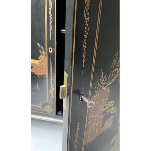 418 - CHINOISERIE CABINET, George III style, black lacquered and gilt chinoiserie with two doors, 110cm x ... 