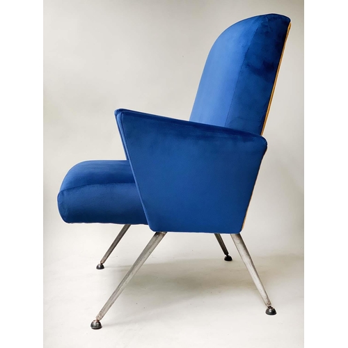 419 - ARMCHAIRS, two, Art Deco, electric blue velvet upholstered with steel, ball capped splay supports, 5... 