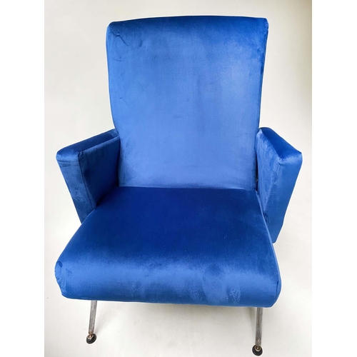 419 - ARMCHAIRS, two, Art Deco, electric blue velvet upholstered with steel, ball capped splay supports, 5... 