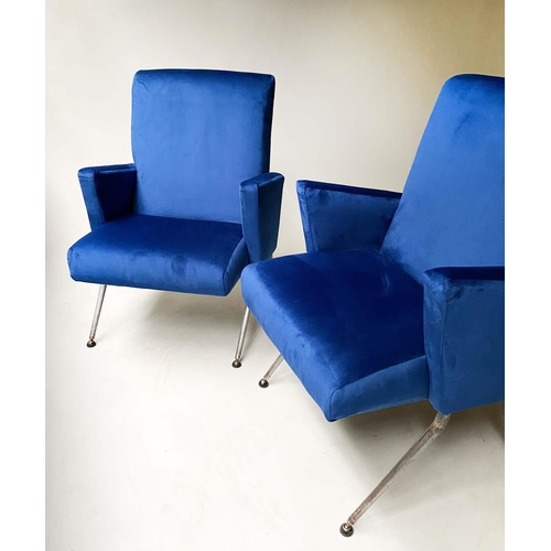 419 - ARMCHAIRS, two, Art Deco, electric blue velvet upholstered with steel, ball capped splay supports, 5... 