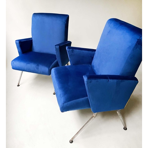 419 - ARMCHAIRS, two, Art Deco, electric blue velvet upholstered with steel, ball capped splay supports, 5... 