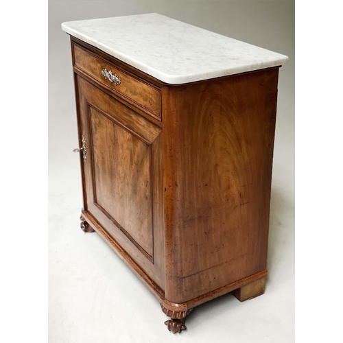 428 - SIDE CABINET, early 19th century, French flame mahogany with marble top, above a single drawer and p... 