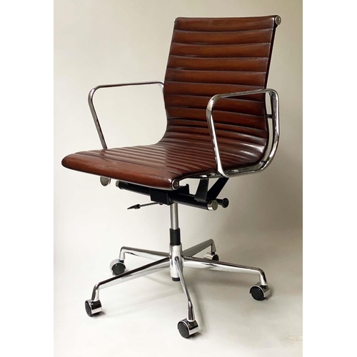 433 - REVOLVING DESK CHAIR, Charles and Ray Eames inspired, ribbed leather, revolving and reclining on an ... 