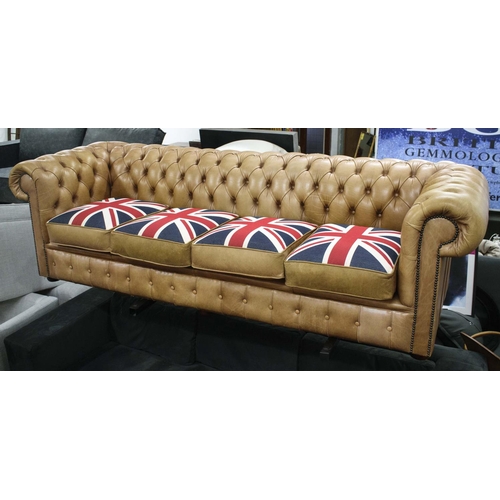 46 - CHESTERFIELD SOFA, 73cm H x 246cm W x 90cm D, tan leather with four union jack seat cushions.