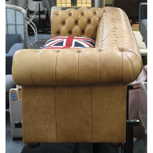 46 - CHESTERFIELD SOFA, 73cm H x 246cm W x 90cm D, tan leather with four union jack seat cushions.