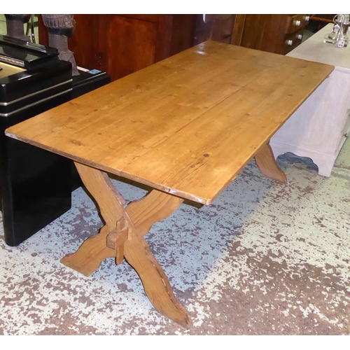 542 - SWISS ALP REFECTORY TABLE, 192cm x 77cm H x 87cm, 19th century pine with a rectangular top on X fram... 