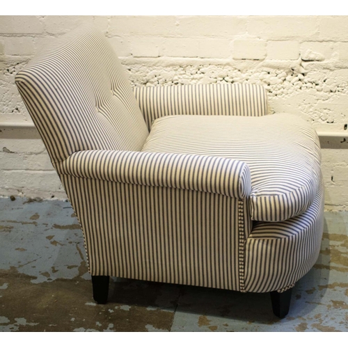 543 - ARMCHAIR, 73cm H x 74cm x 82cm Edwardian manner ebonised with cushion seat in ticking material.