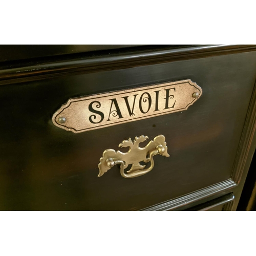 555 - BANKS OF DRAWERS, two ebonised with six drawers each bearing French place names, 38cm W x 92cm L x 1... 