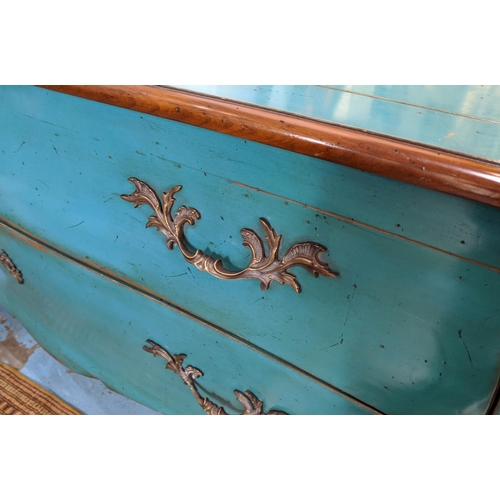 558 - TURQUOISE BOMBE COMMODE, two drawers, wood. 60cm W x 160cm L x 90cm H.