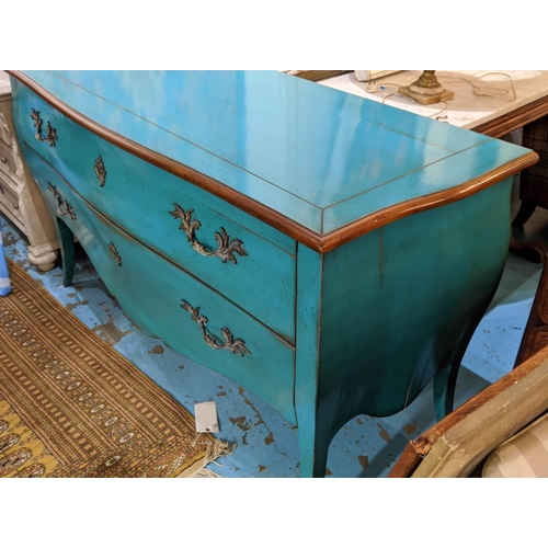 558 - TURQUOISE BOMBE COMMODE, two drawers, wood. 60cm W x 160cm L x 90cm H.