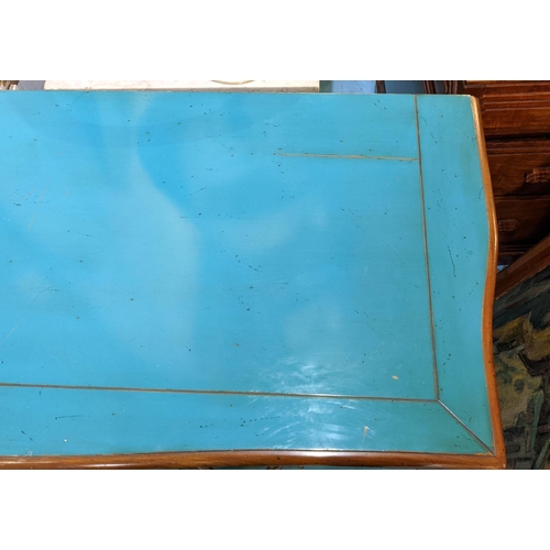 558 - TURQUOISE BOMBE COMMODE, two drawers, wood. 60cm W x 160cm L x 90cm H.