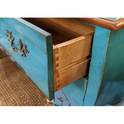 558 - TURQUOISE BOMBE COMMODE, two drawers, wood. 60cm W x 160cm L x 90cm H.