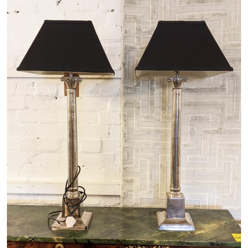 560 - COLUMN TABLE LAMPS, black shades, metal column, 87cm H x 37cm W