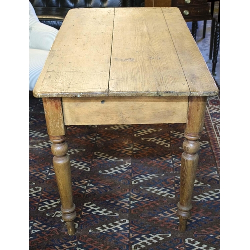 568 - KITCHEN TABLE, Victorian pine with turned legs, 73cm H x 124cm x 66cm. (with faults)