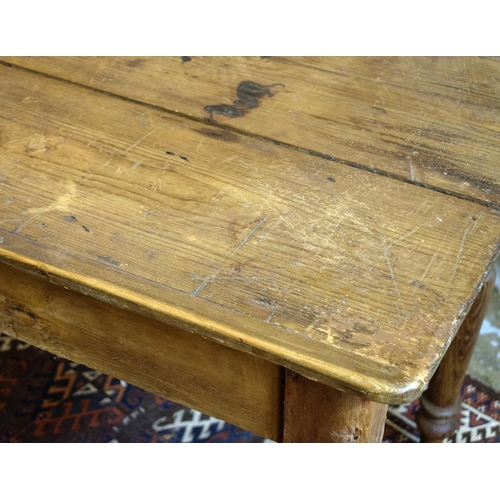 568 - KITCHEN TABLE, Victorian pine with turned legs, 73cm H x 124cm x 66cm. (with faults)