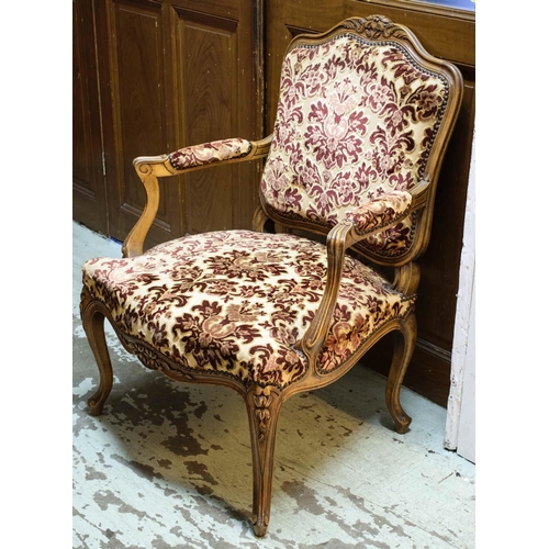 569 - FAUTEUIL, 68cmH x 71cm W x 74cm D, Louis XV style beechwood in foliate cut velour.