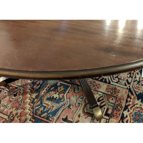 570 - TRIPLE PEDESTAL DINING TABLE, Georgian style mahogany with two leaves and brass castors, extended 49... 