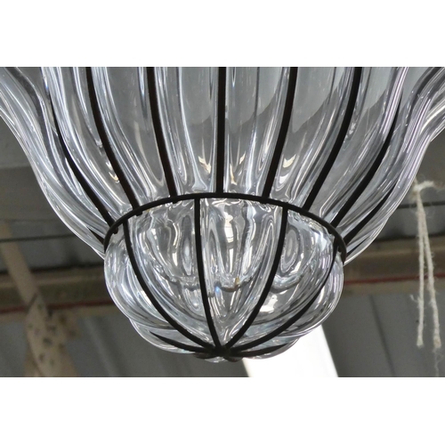 217 - CEILING LIGHTS, two, one clear and another blue tinted glass, 104cm drop at largest. (2)