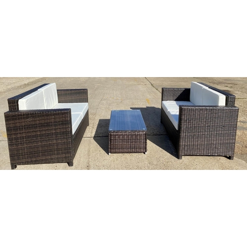 236 - GARDEN SOFAS, a pair, 129cm W with drinks table, faux rattan 89cm x 39cm x 44cm. (3)