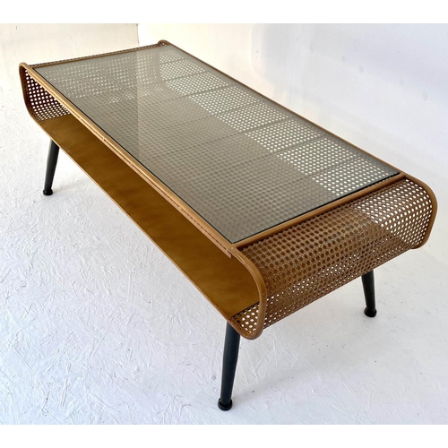 257 - LOW TABLE, 44cm x 119cm x 50cm, 1960s Danish style, faux rattan.