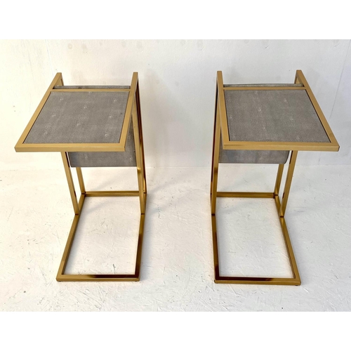 258 - SIDE TABLES, a pair, 62cm x 30cm x 49cm, faux shagreen with magazine racks. (2)