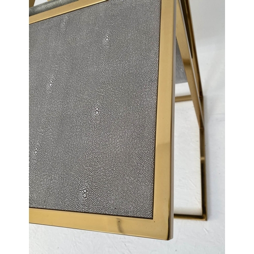 258 - SIDE TABLES, a pair, 62cm x 30cm x 49cm, faux shagreen with magazine racks. (2)