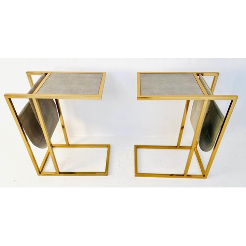 258 - SIDE TABLES, a pair, 62cm x 30cm x 49cm, faux shagreen with magazine racks. (2)