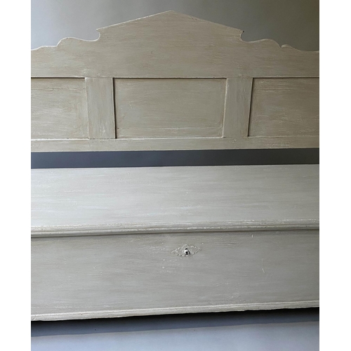 404 - SWEDISH SETTLE, 19th century, traditionally grey painted with rising seat, 183cm W.